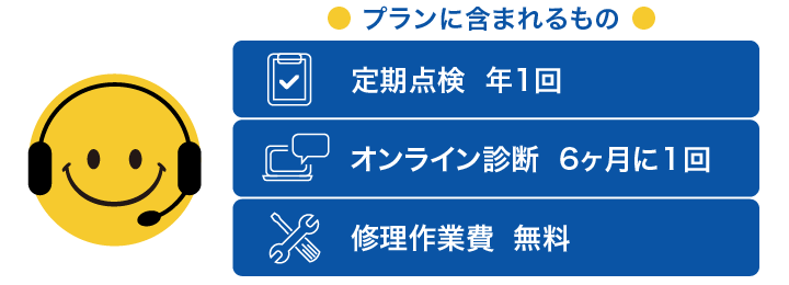 [プランに含まれるもの] 定期点検 年1回、オンライン診断 6ヶ月に１回、修理作業費 無料